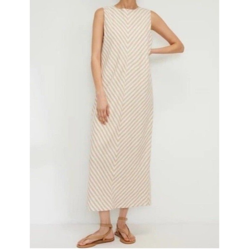 Everlane The Linen Bias Cut Dress Striped Ivory Beige Midi Size 12